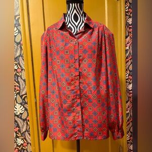 Vintage Red Geometric Print Button-Up Blouse